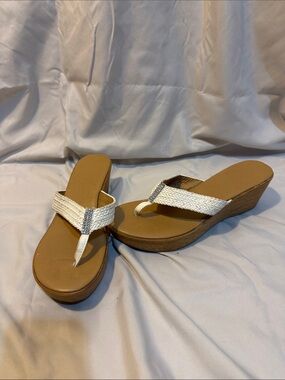 Wedge Thong Sandals — White Braided Strap